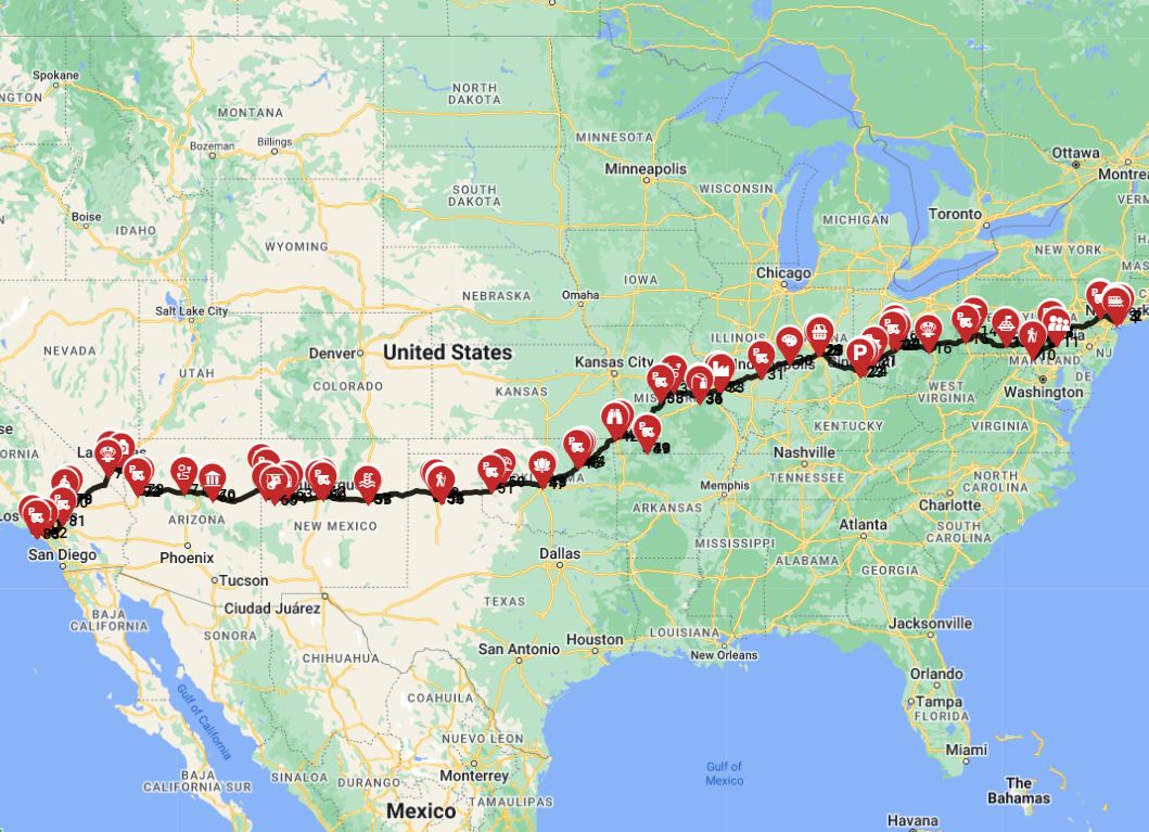 Motorhome route planner for RV trip from New York to Los Angeles